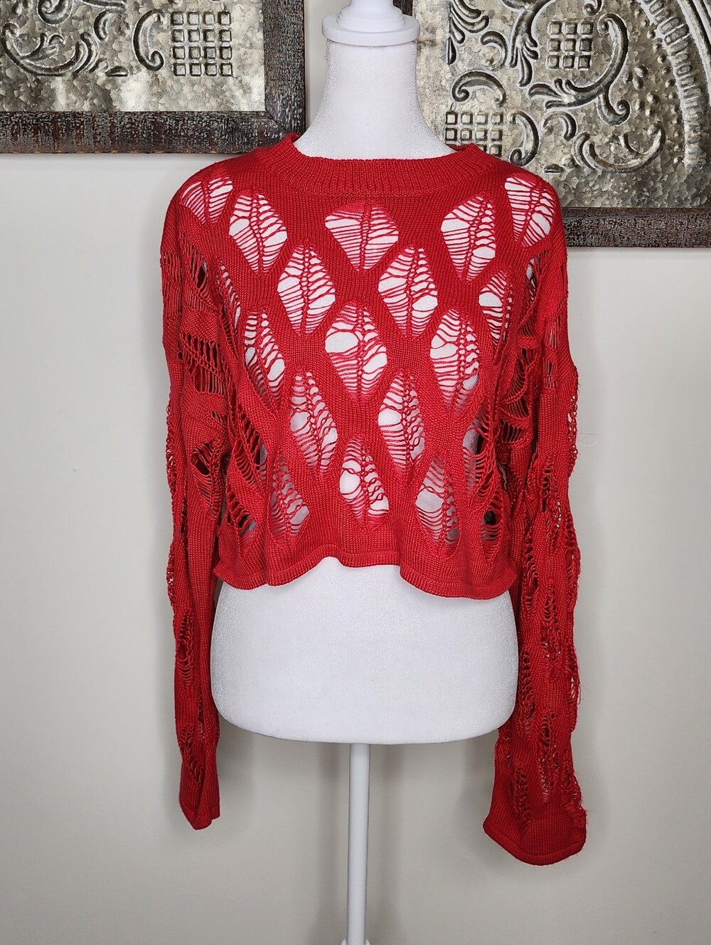 Lipstick Red Open-Knit Distressed Layering Cropped Grunge Sweater Small Rave Y2K